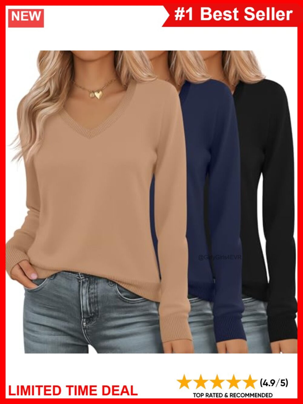3 Pack Women's V Neck Knit Sweater Long Sleeve Pullover Lightweight